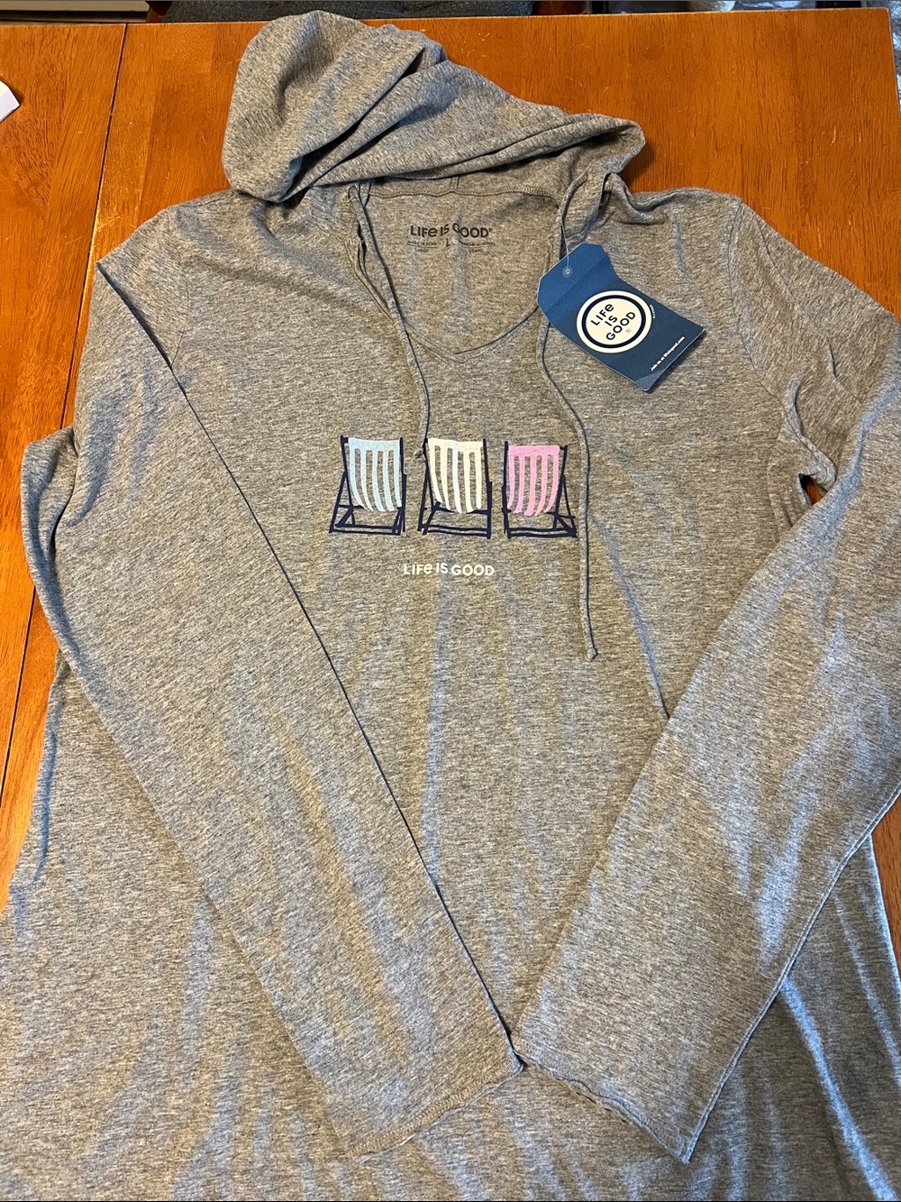 Life Is Good Women’s Gray Crewneck Hoodie with Pastel Deck Chair Graphic